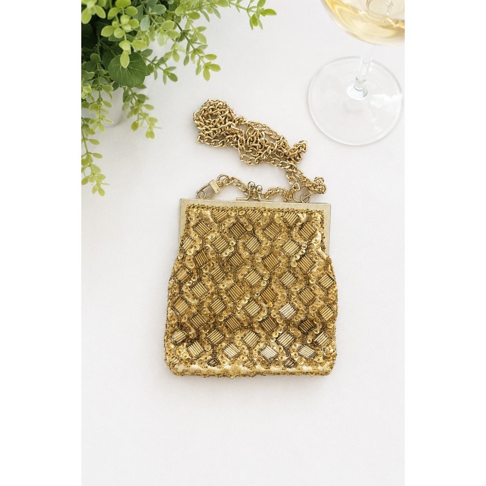 Vintage Gold Beaded Kiss Lock Evening Bag Hong Kong Formal Wedding Crossbody